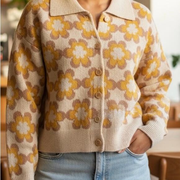 Industry Flower Child Women’s MD Daisy Floral Crop Cardigan Cottagecore Hippy - Picture 5 of 6